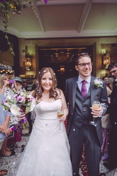 Outside the Chester Grosvenor Hotel, after their wedding ceremony. The picture shows off the bridal makeup soft glam glow