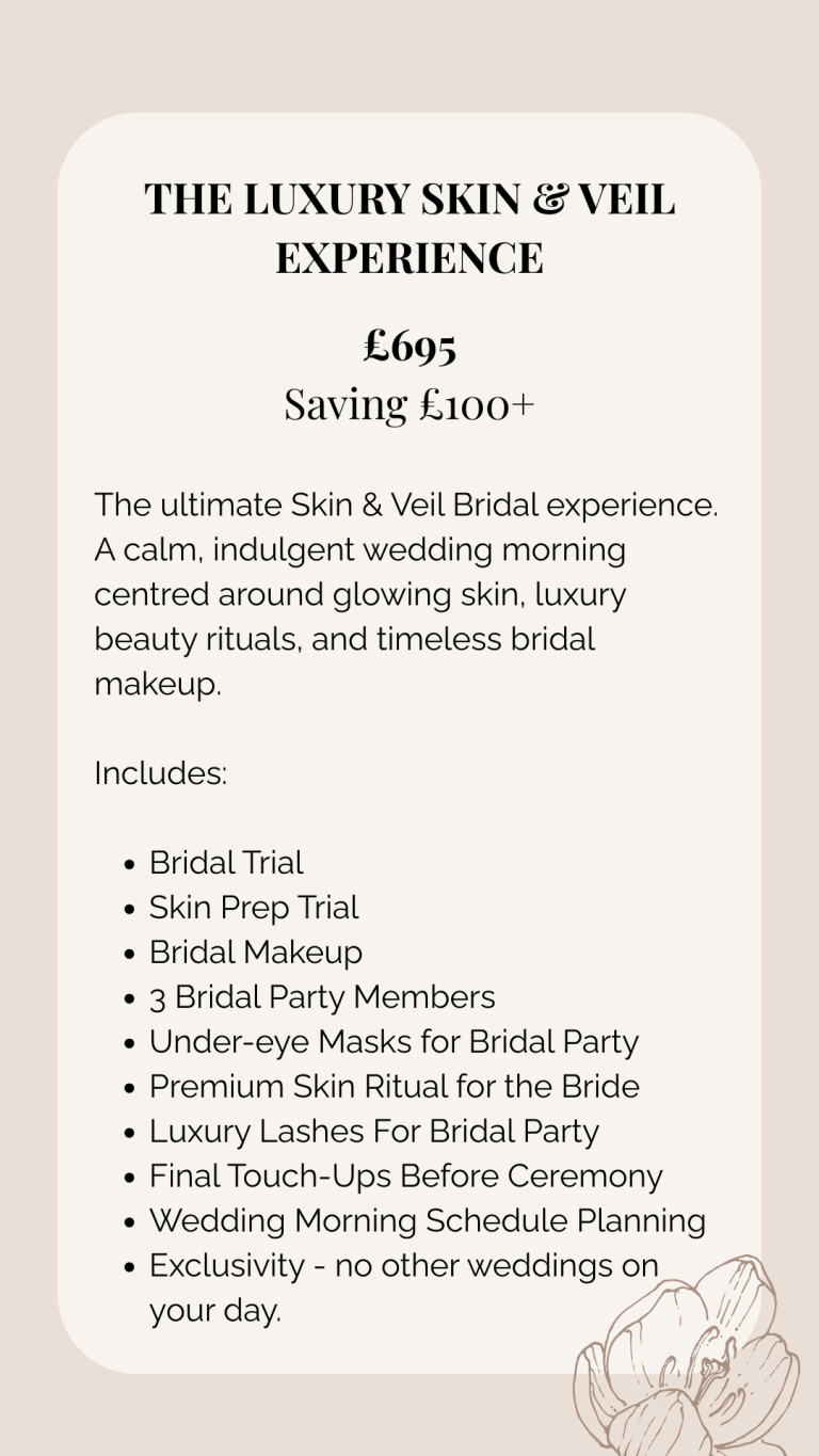 The ultimate skin & veil bridal experience. A calm, indulgent wedding morning package centred around timeless bridal make-up.