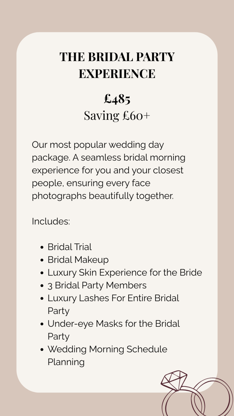 The Bridal Party Experience Package An image outlining the most popular wedding day package for bridal make-up, including application for the bridal party, luxury lashes.